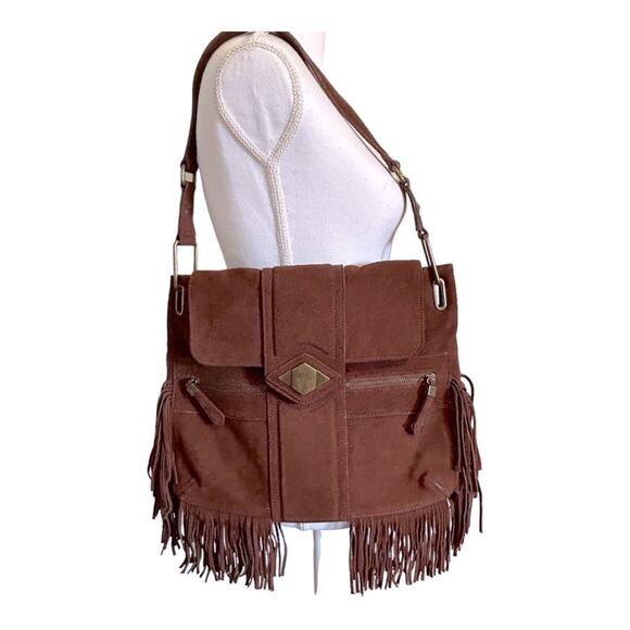 Rachel Zoe Fringe Brown Chocolate Western Boho Suede Shoulder Bag - Picture 3 of 13